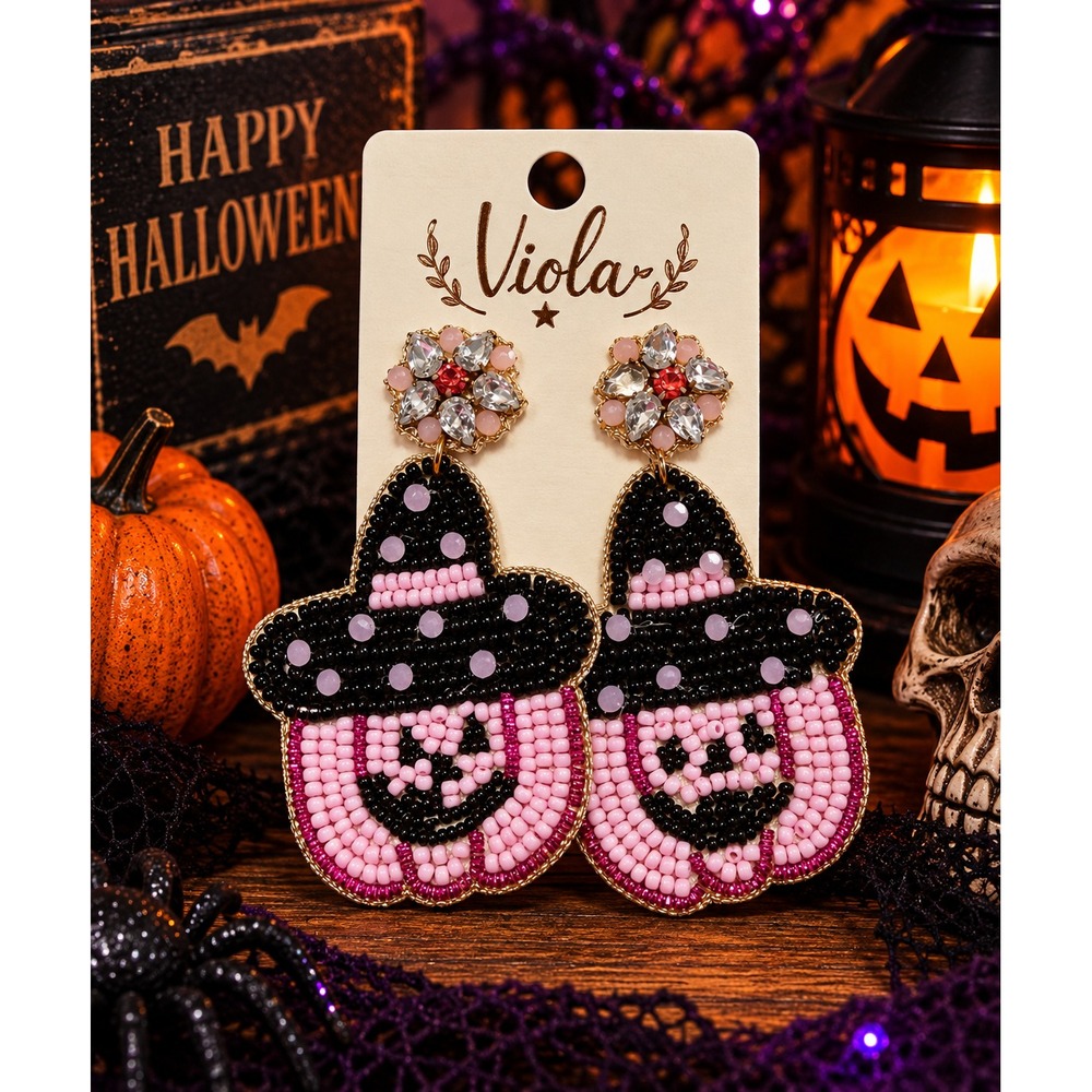 Pink Pumpkin Witch Hat Seed Bead Earrings Halloween Statement Rhinestone Dangle